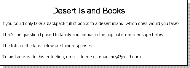 Text Box:                                            Desert Island Books

 If you could only take a backpack full of books to a desert island, which ones would you take?

 That's the question I posed to family and friends in the original email message below. 

 The lists on the tabs below are their responses. 

 To add your list to this collection, email it to me at: dhackney@egltd.com 